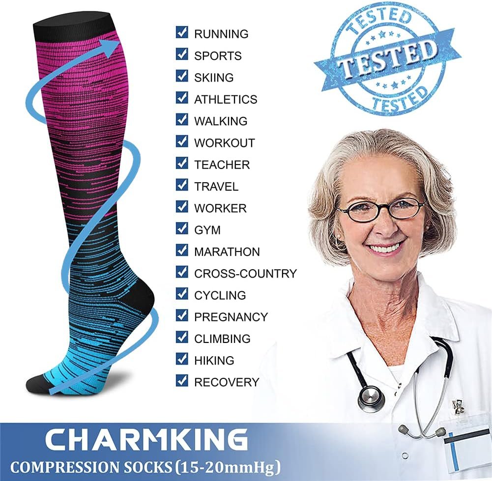 CHARMKING Compression Socks for Women  Men Circulation (3 Pairs) 15-20 mmHg is Best Support for Athletic Running Cycling