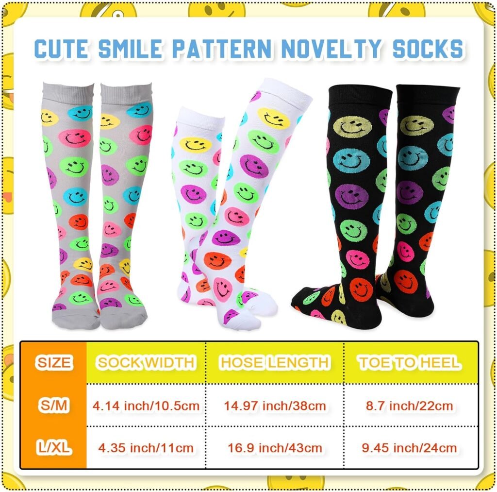Cindeer 3 Pairs Smile Face Funny Knee High Socks for Women Face Patterned Design Socks Novelty Knee High Socks