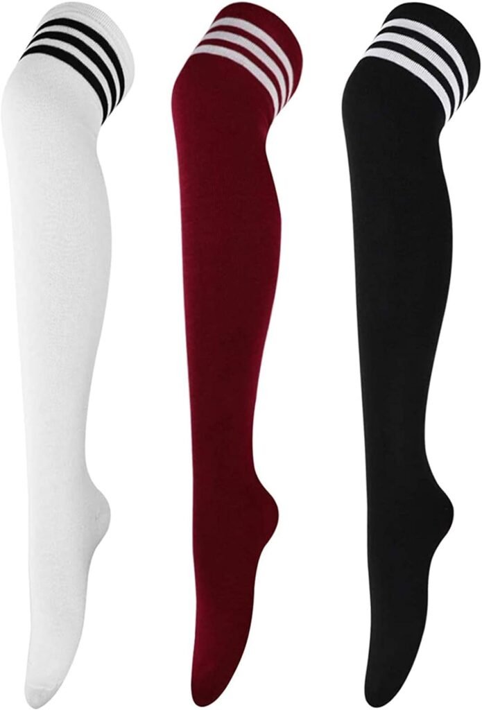 DRESHOW 3 Pairs Thigh High Socks Striped Over Knee Thin Tights Long Stocking Knee High Leg Warmer