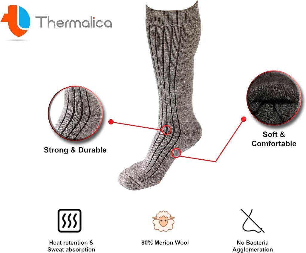 Luxury Thermal 80% True Merino Wool Socks-Over Calf, For Boots, Hiking,Ski Home Light Gray