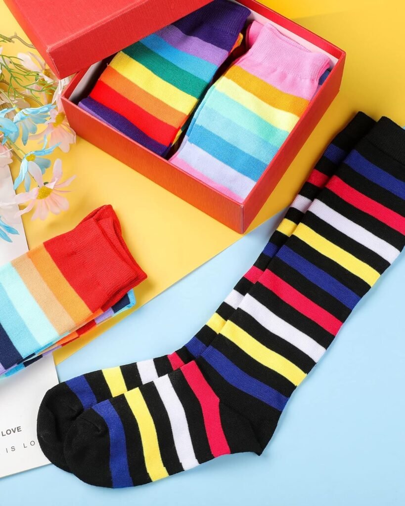 SATINIOR 4 Pair Women Girls Colorful Striped Knee Socks High Witch Knee Socks Halloween High Socks Opaque Stockings (Bright Color)