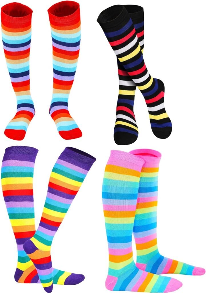 SATINIOR 4 Pair Women Girls Colorful Striped Knee Socks High Witch Knee Socks Halloween High Socks Opaque Stockings (Bright Color)