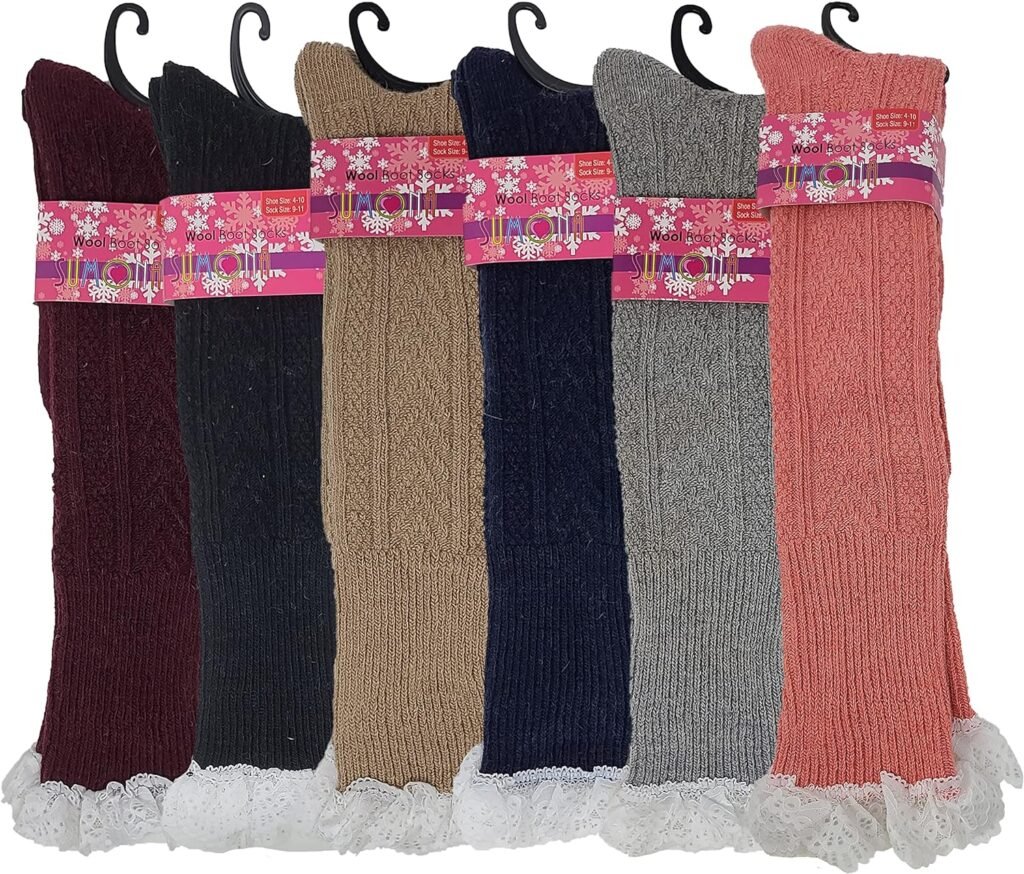 SUMONA 6 pairs Women Wool Cable Knit Knee High/Thigh High/Crew Winter Boot Socks 9-11 (6 Pairs Two Tone Knee High, 9-11)