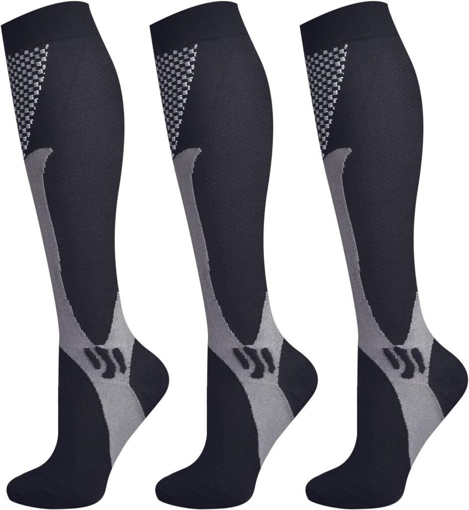 3 Pairs Compression Socks for Women  Men 15-25 mmHg Comfortable Fit Athletic Knee High Compression Socks for Nurses Sport Running Travel (L/XL)